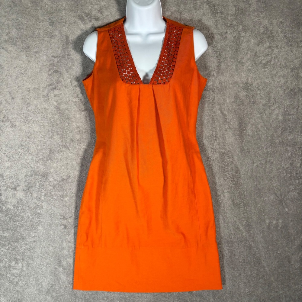 Agnona Bergdorf Goodman Orange Cotton Linen Crochet V-Neck Shift Dress Italy 42